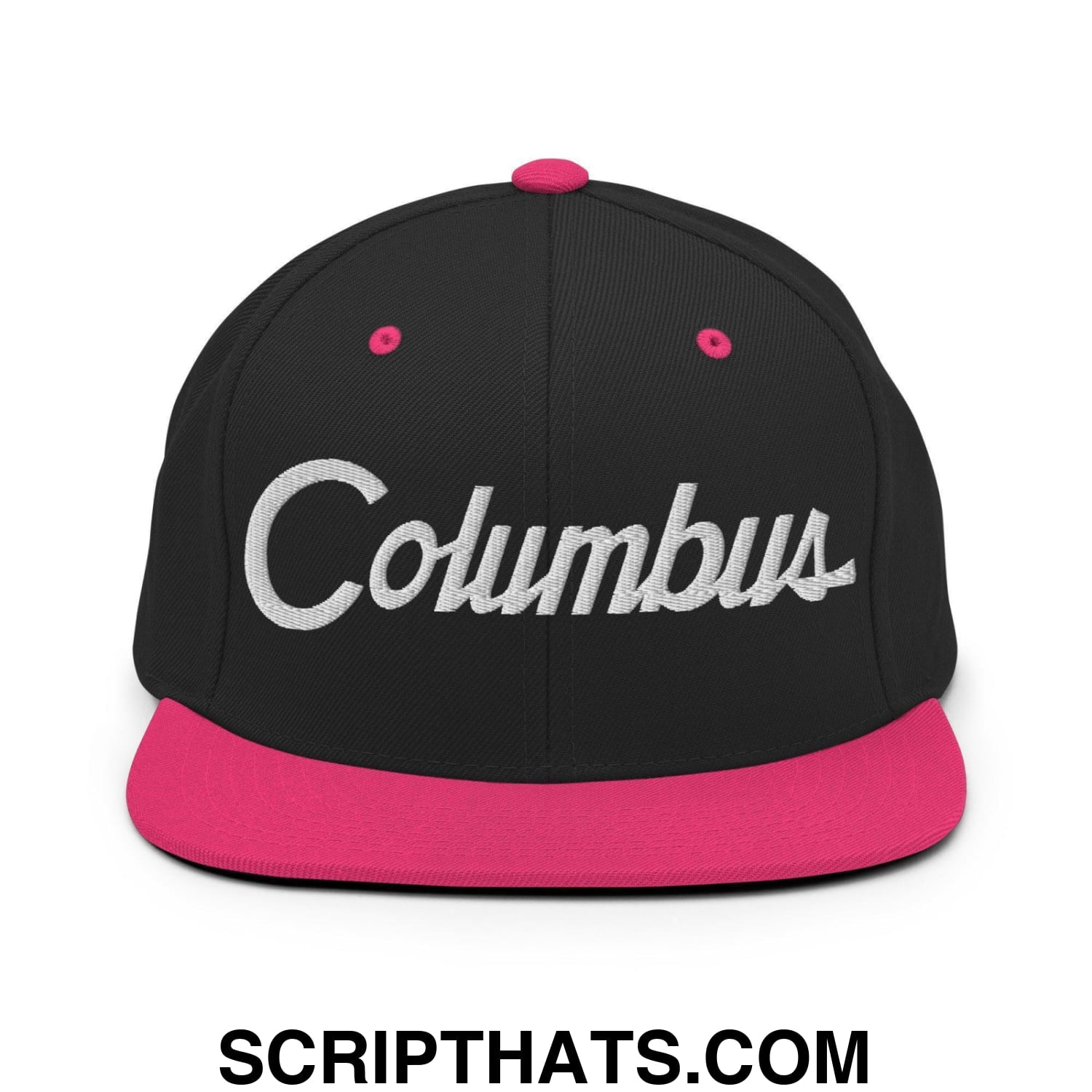 Columbus Script Snapback Hat Black Neon Pink