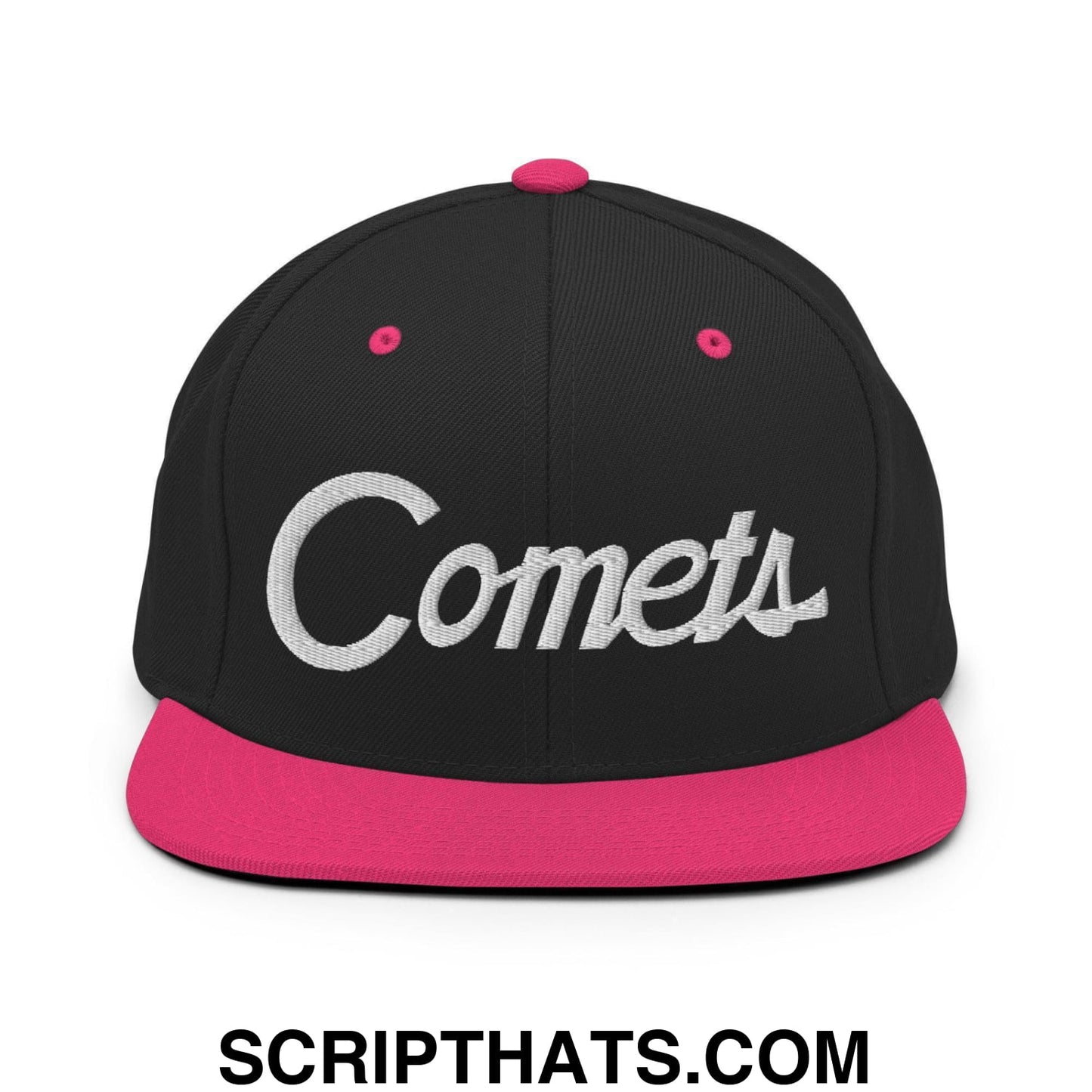 Comets School Mascot Script Snapback Hat Black Neon Pink