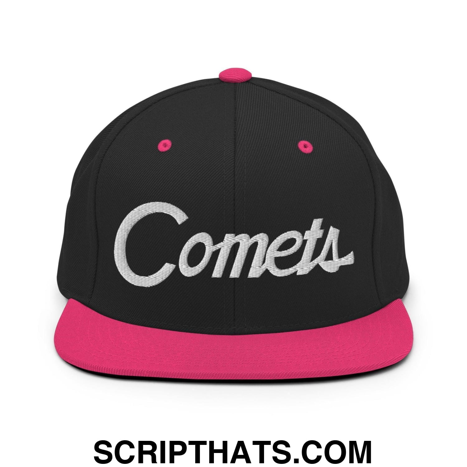Comets School Mascot Script Snapback Hat Black Neon Pink