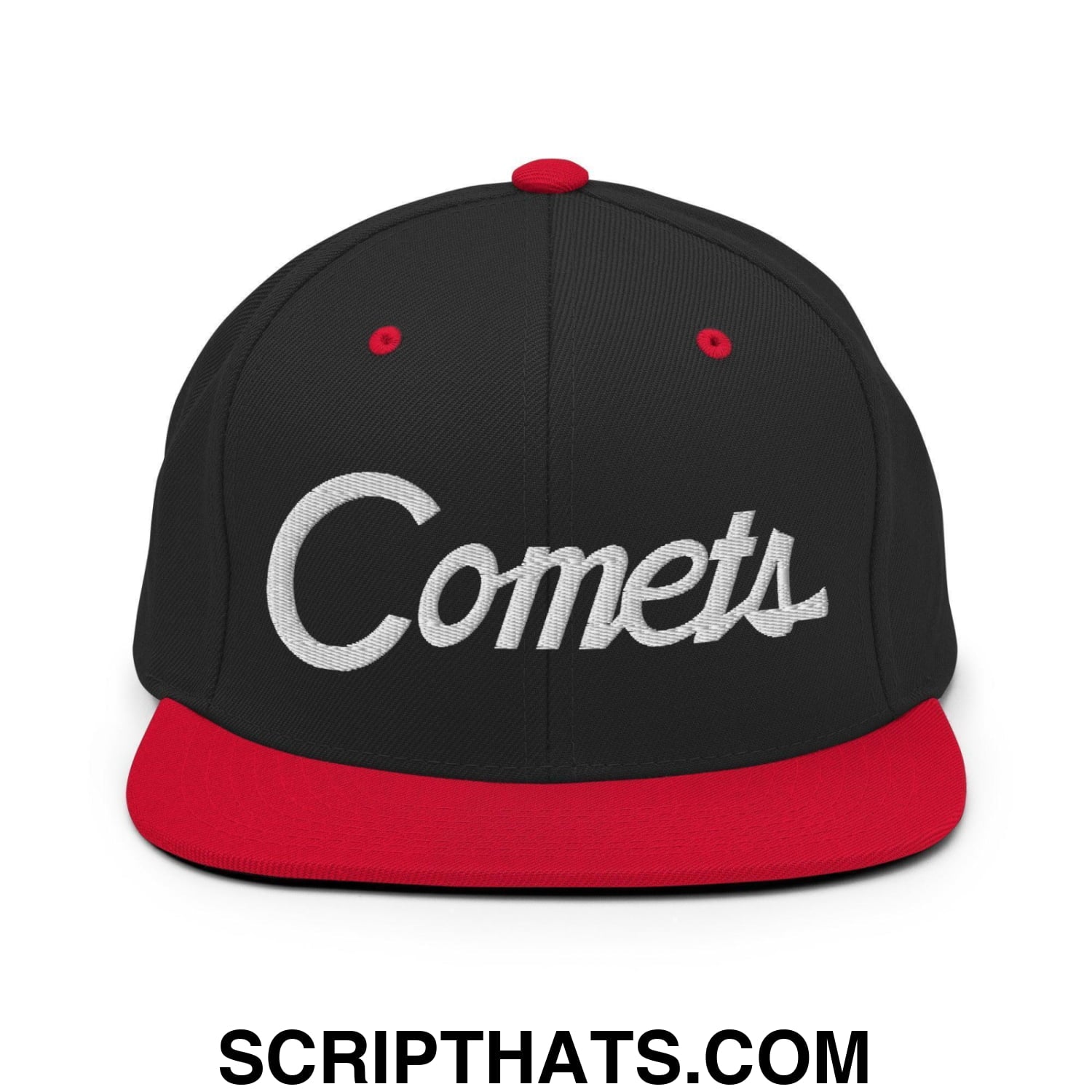 Comets School Mascot Script Snapback Hat Black Red