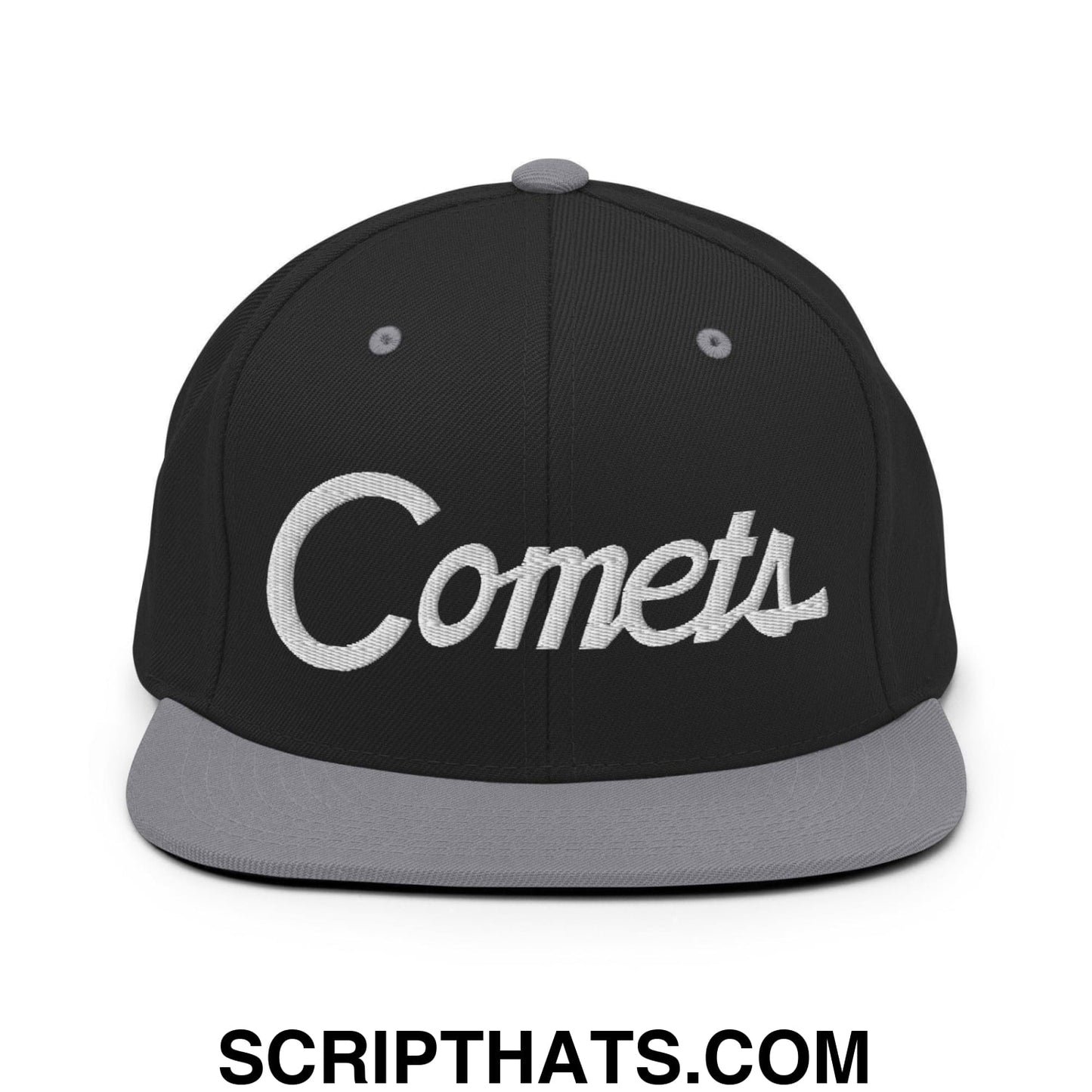 Comets School Mascot Script Snapback Hat Black Silver