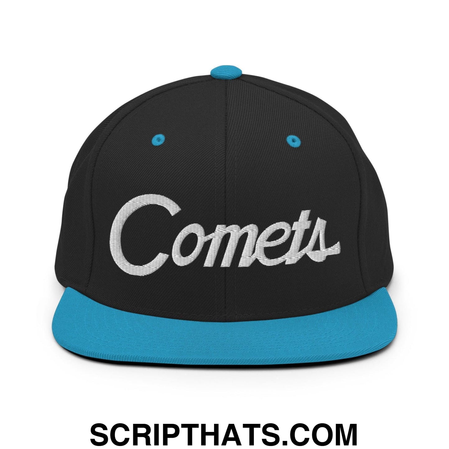 Comets School Mascot Script Snapback Hat Black Teal