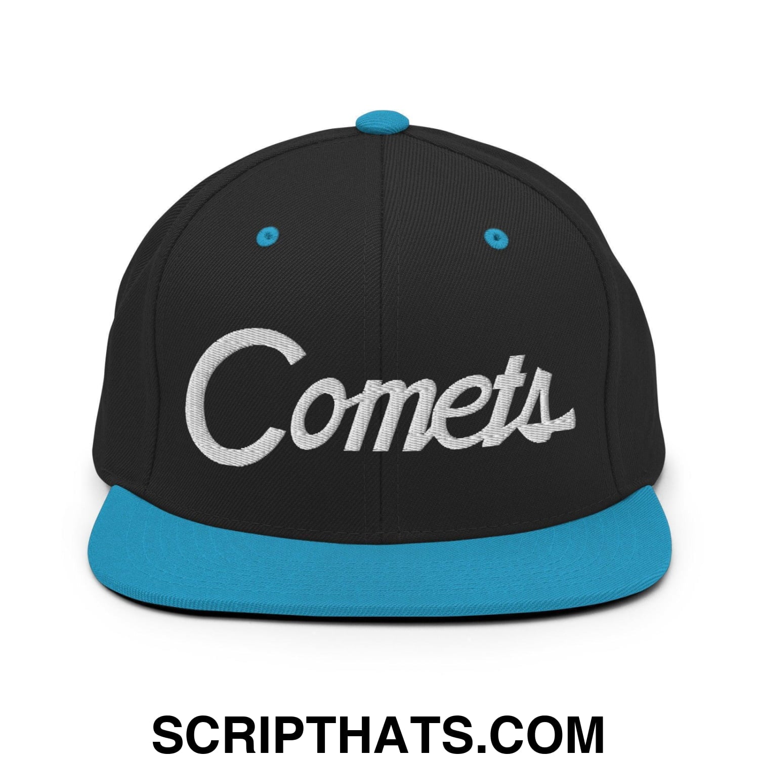 Comets School Mascot Script Snapback Hat Black Teal