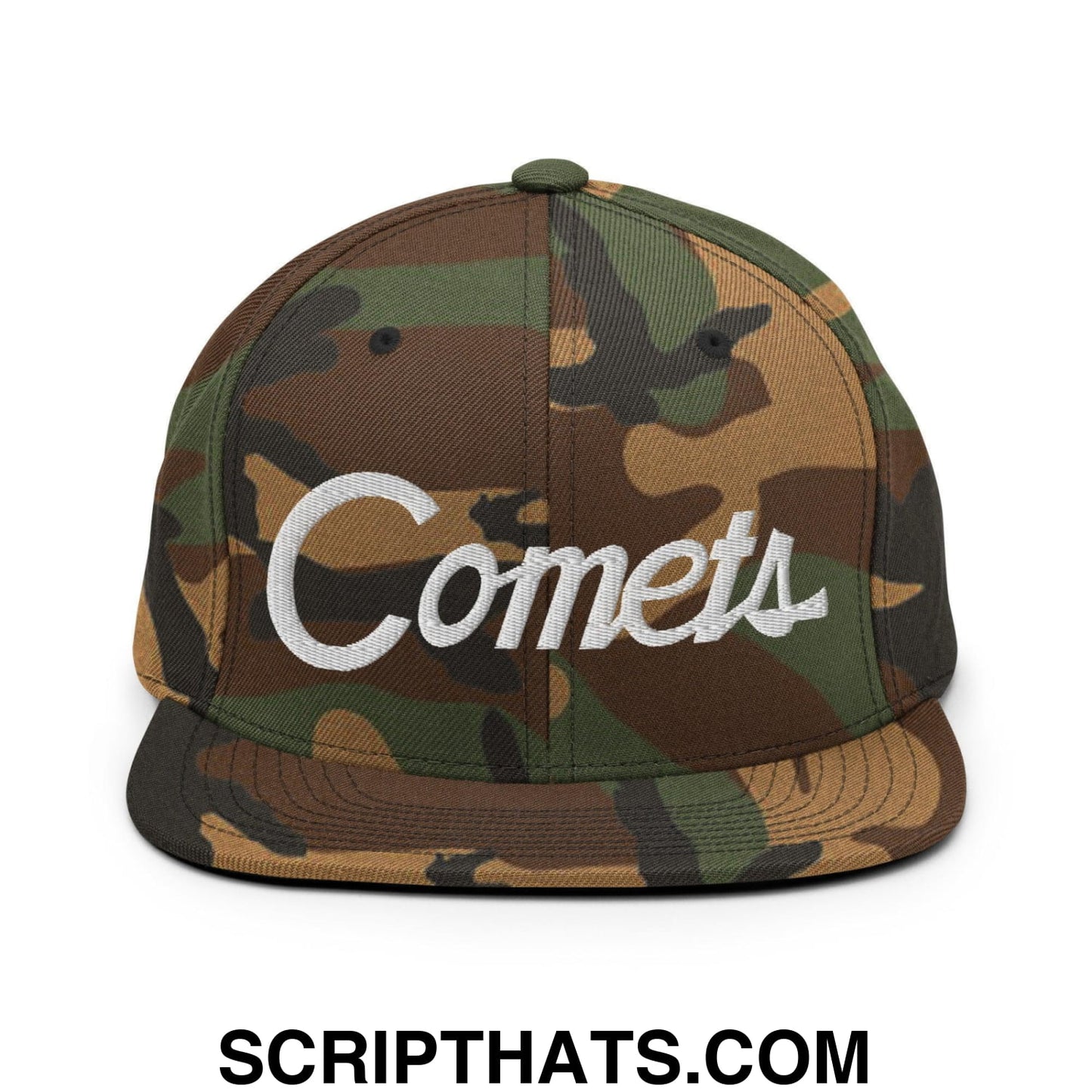 Comets School Mascot Script Snapback Hat Green Camo