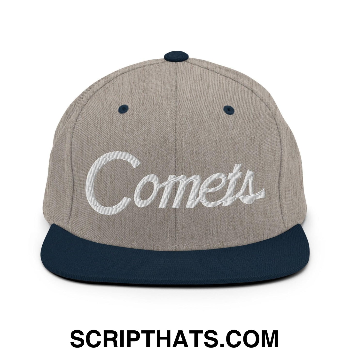 Comets School Mascot Script Snapback Hat Heather Grey Navy