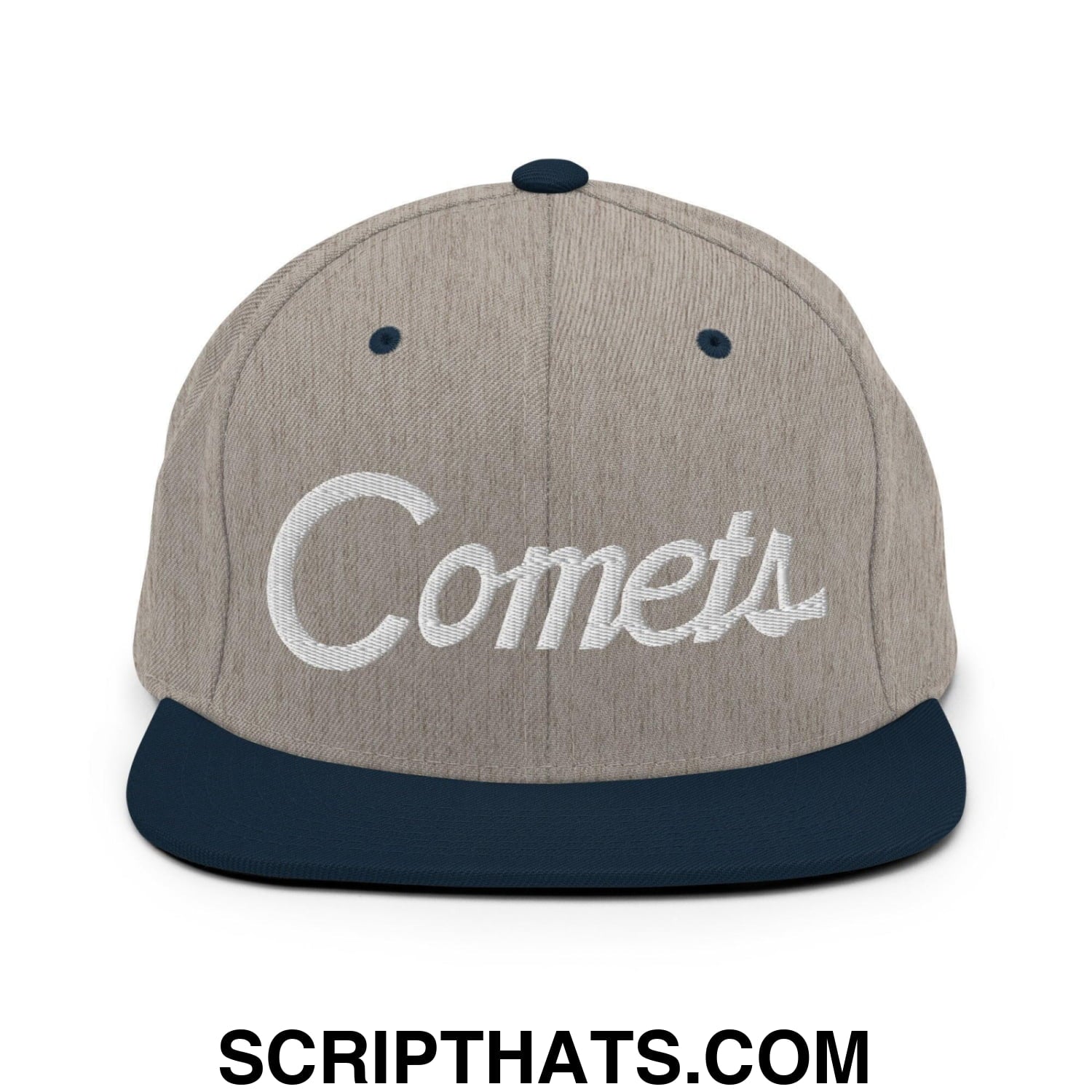 Comets School Mascot Script Snapback Hat Heather Grey Navy