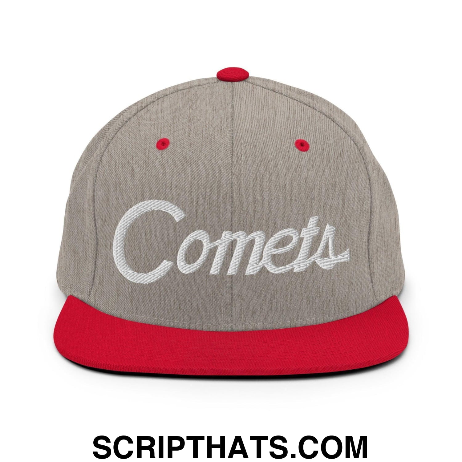 Comets School Mascot Script Snapback Hat Heather Grey Red