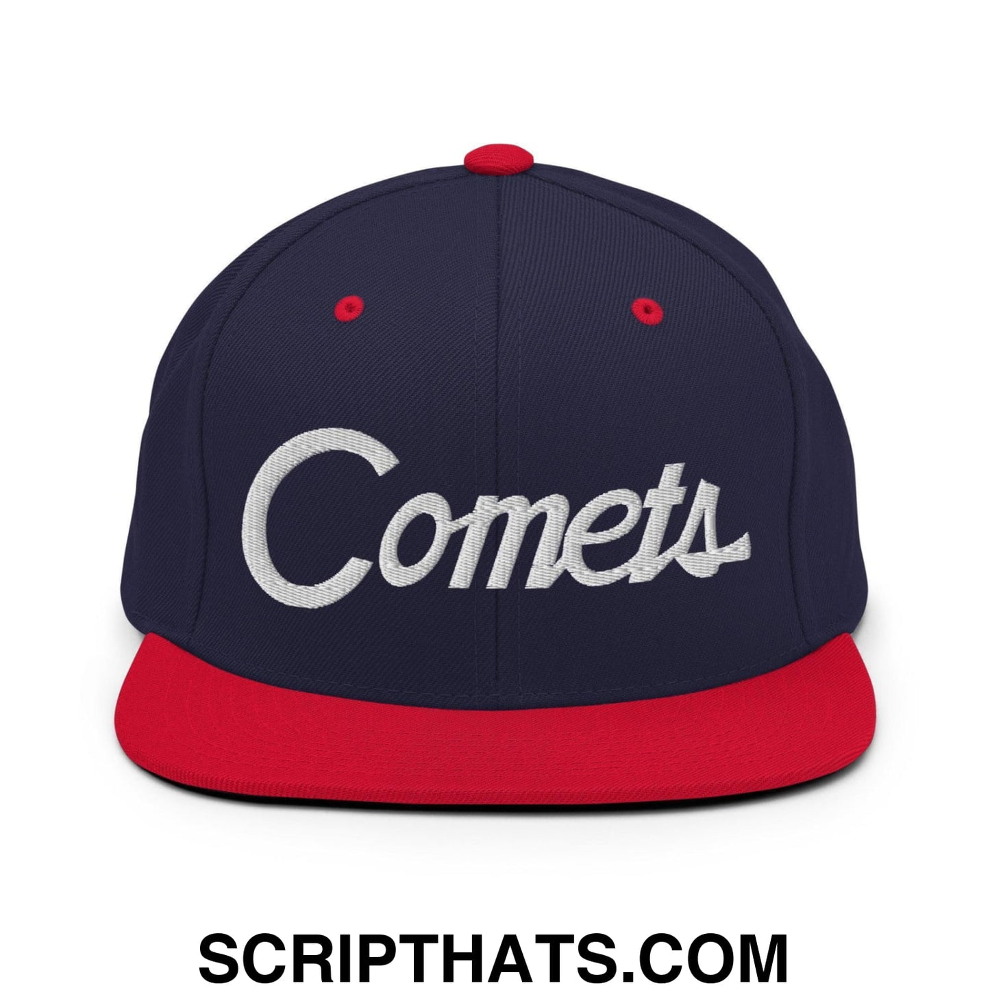Comets School Mascot Script Snapback Hat Navy Red