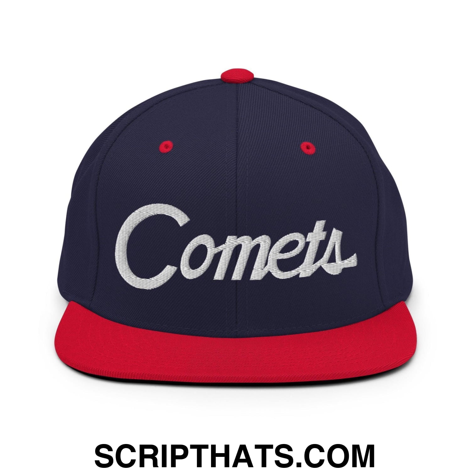 Comets School Mascot Script Snapback Hat Navy Red