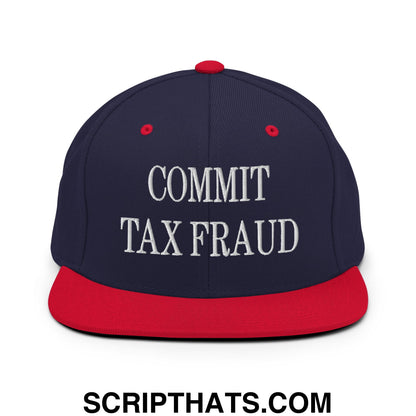 Commit Tax Fraud Embroidered Flat Bill Brim Snapback Hat Navy Red