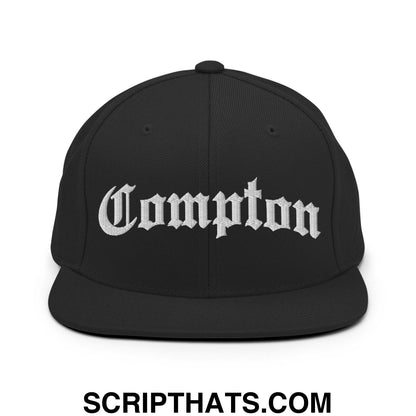 Compton Old English Arch Embroidered Flat Bill Brim Snapback Hat Black