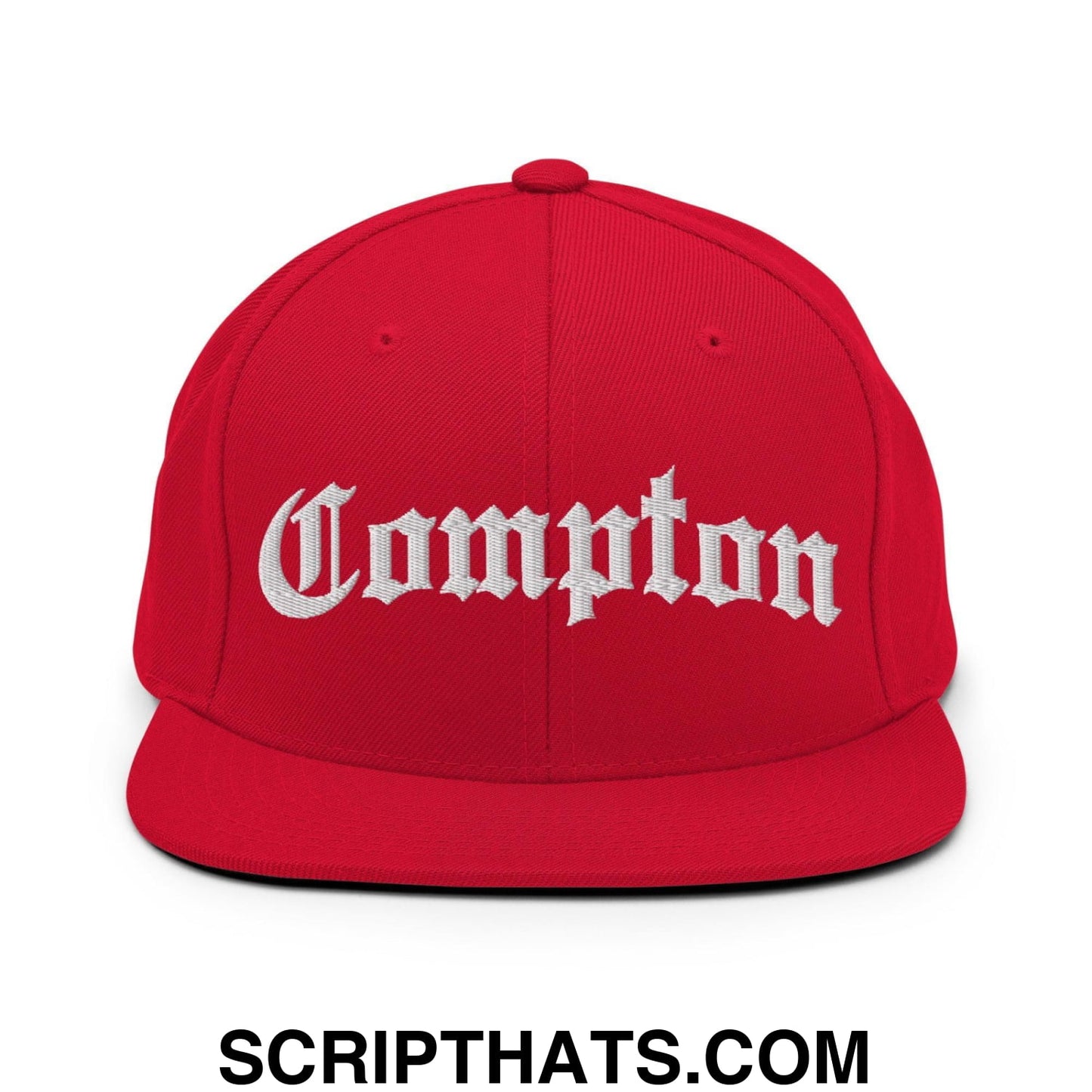 Compton Old English Arch Embroidered Flat Bill Brim Snapback Hat Red