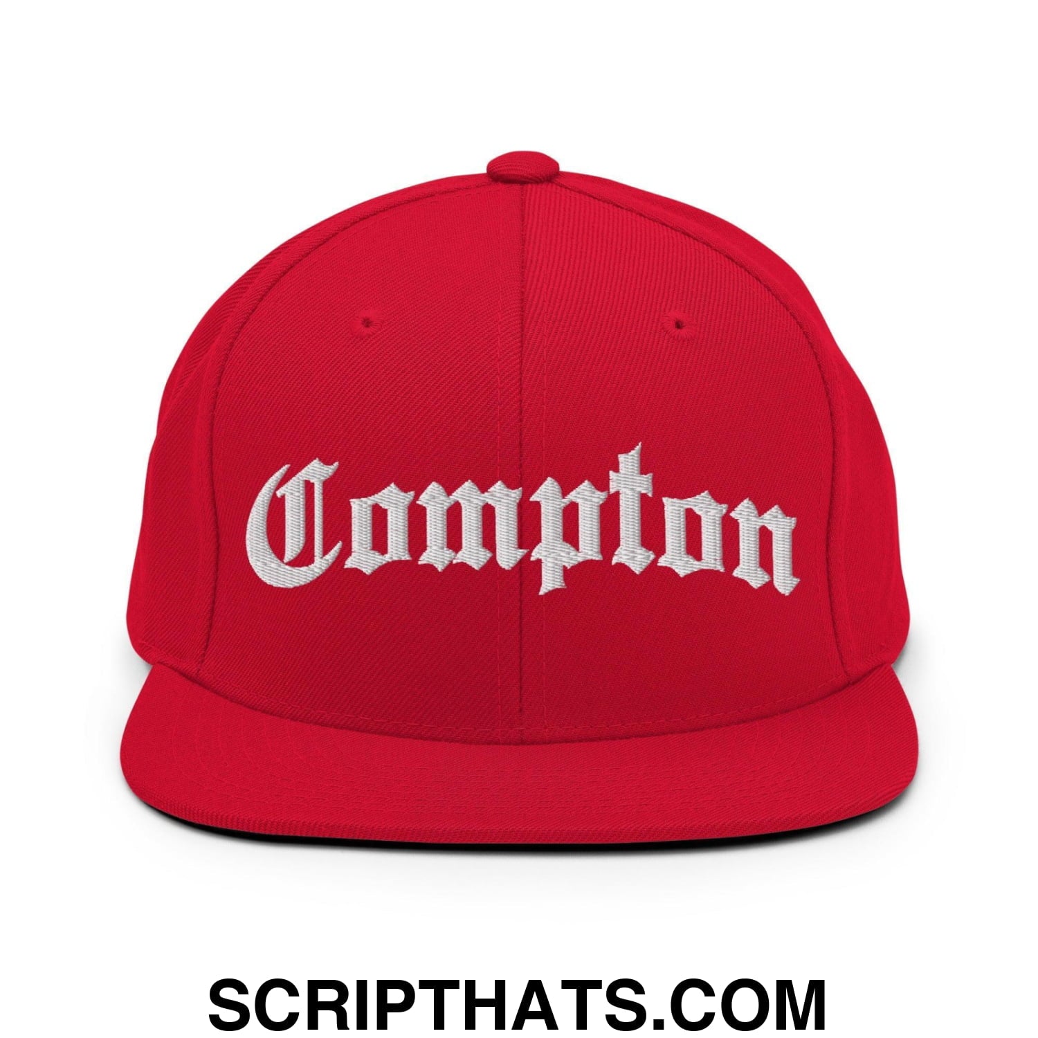 Compton Old English Arch Embroidered Flat Bill Brim Snapback Hat Red
