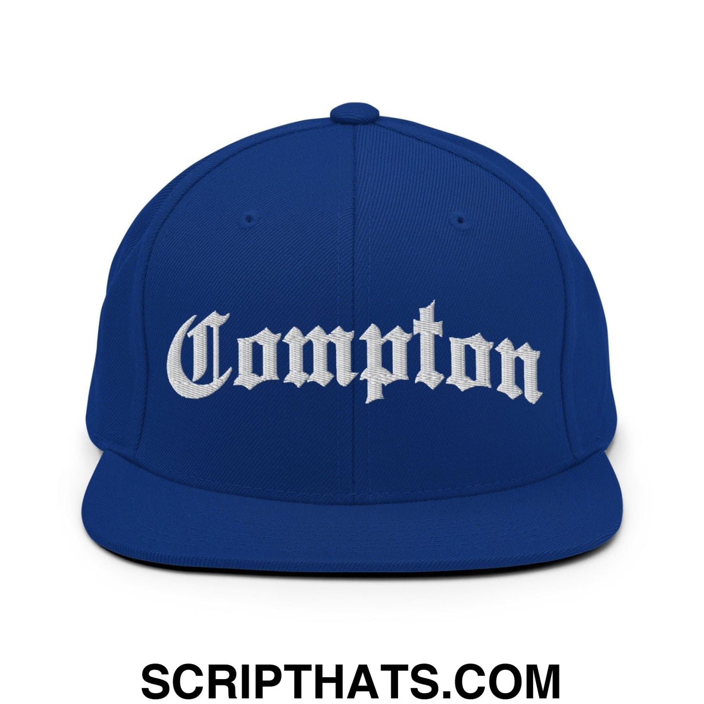 Compton Old English Arch Embroidered Flat Bill Brim Snapback Hat Royal Blue