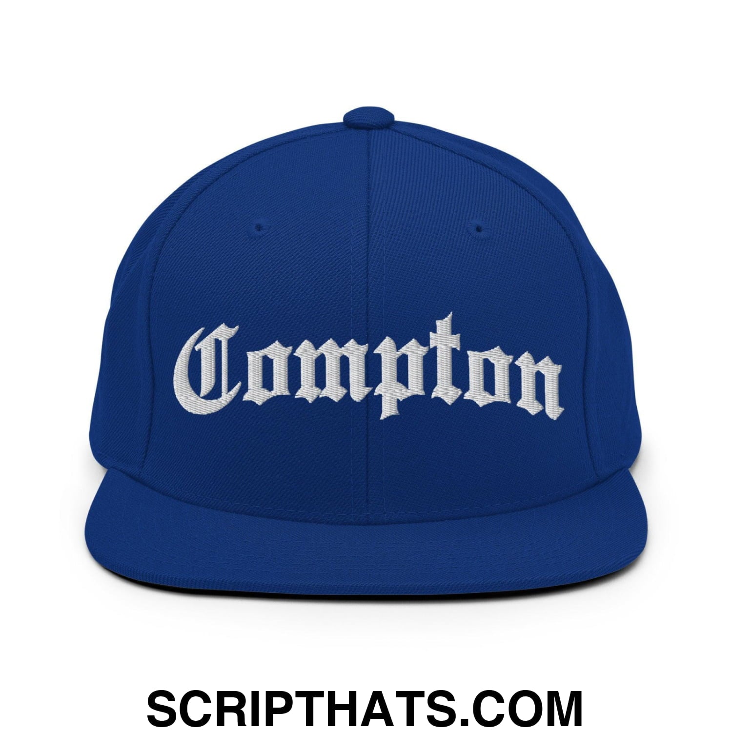 Compton Old English Arch Embroidered Flat Bill Brim Snapback Hat Royal Blue