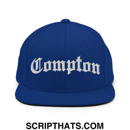 Compton Old English Arch Embroidered Flat Bill Brim Snapback Hat Royal Blue