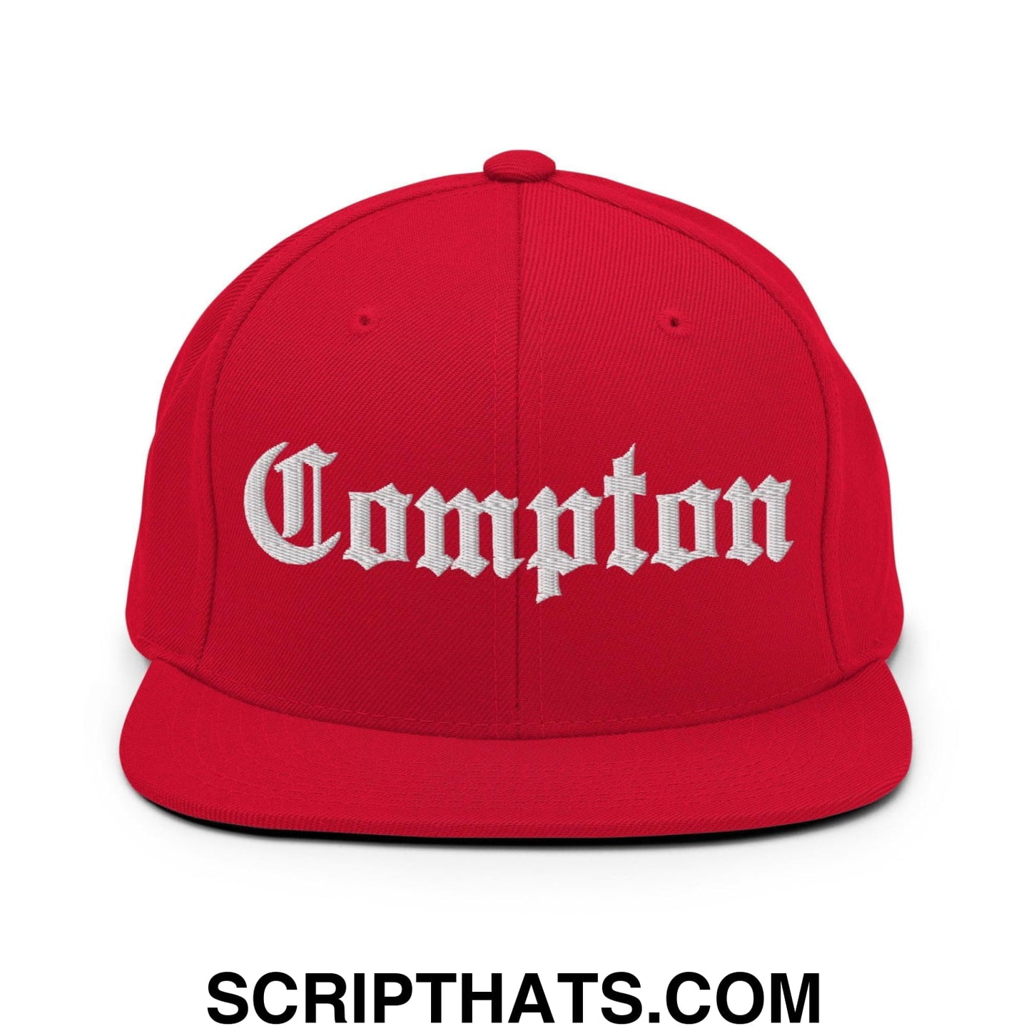Compton Old English Embroidered Flat Bill Brim Snapback Hat Red