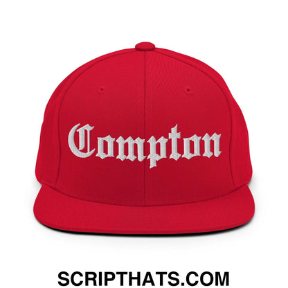 Compton Old English Embroidered Flat Bill Brim Snapback Hat Red