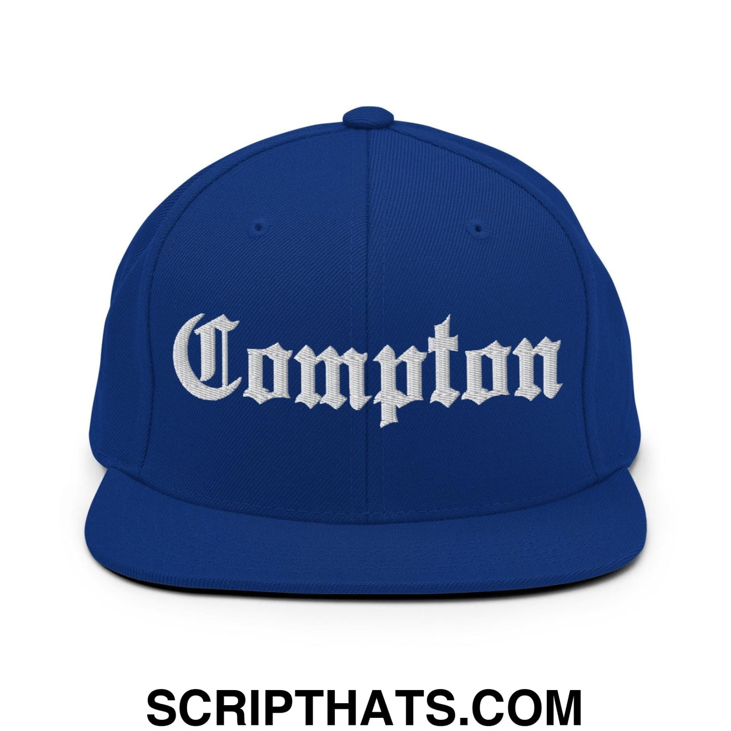 Compton Old English Embroidered Flat Bill Brim Snapback Hat Royal Blue