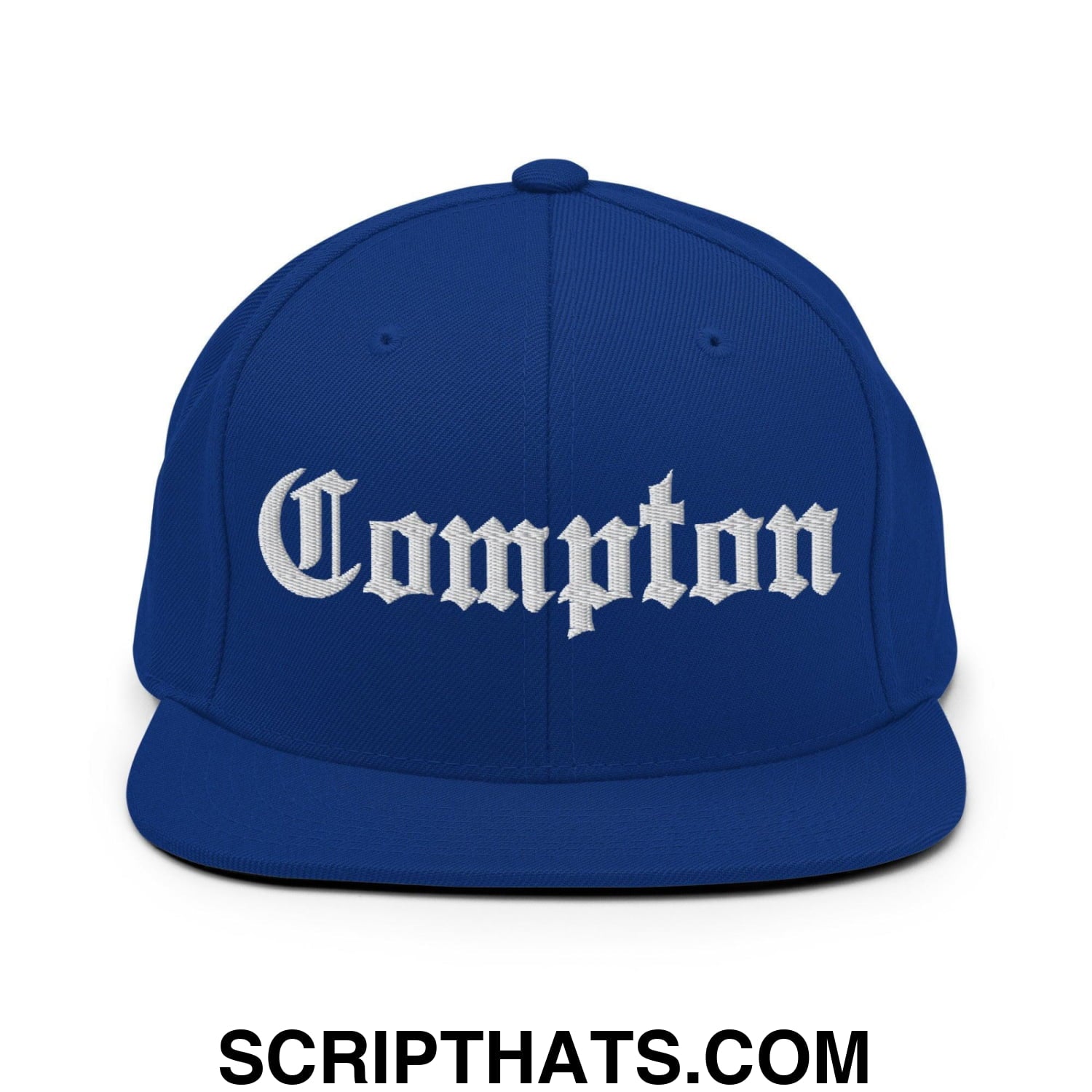 Compton Old English Embroidered Flat Bill Brim Snapback Hat Royal Blue