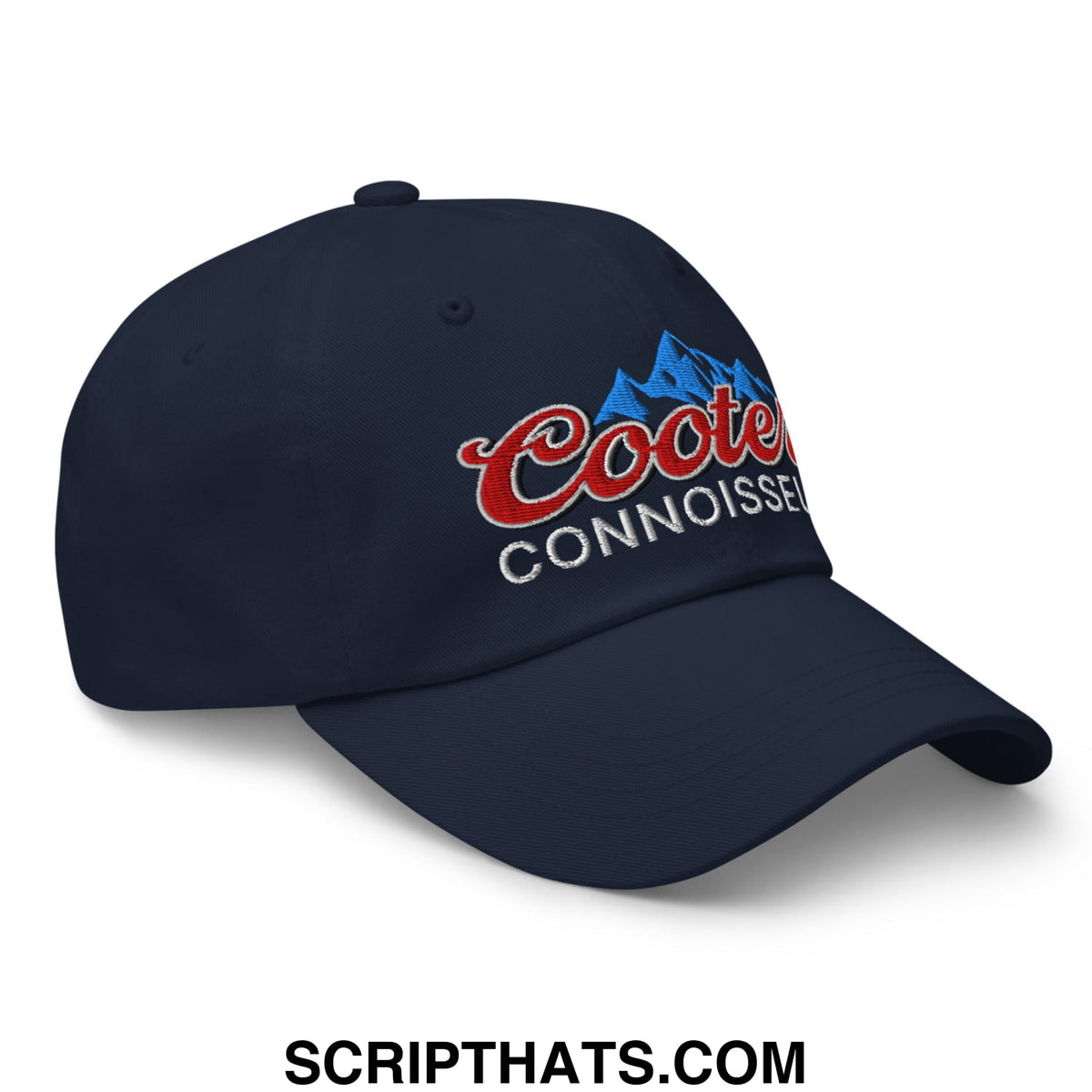 Navy blue coors connoisseur embroidered unstructured dad hat with red script logo and blue mountain graphic