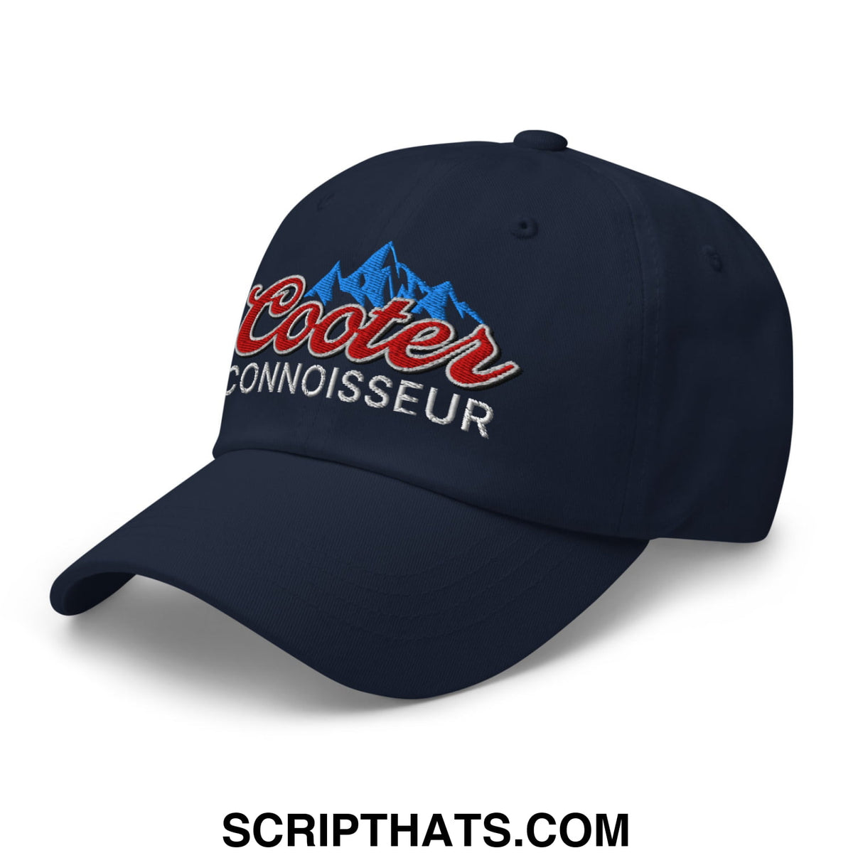 Navy blue unstructured dad hat with embroidered red and white cooter connoisseur logo and blue mountain design