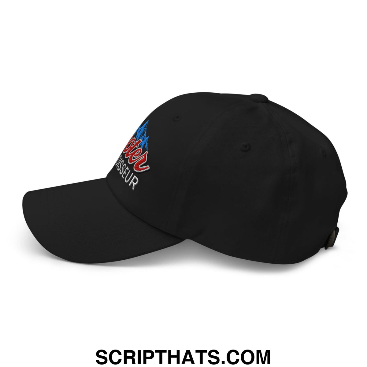 Black unstructured dad hat with red and blue embroidered pier and assseur logo from cooter connoisseur collection