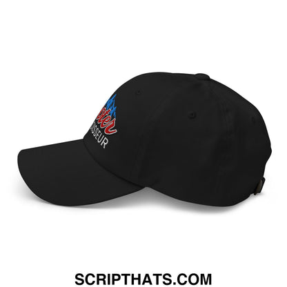 Black unstructured dad hat with red and blue embroidered pier and assseur logo from cooter connoisseur collection