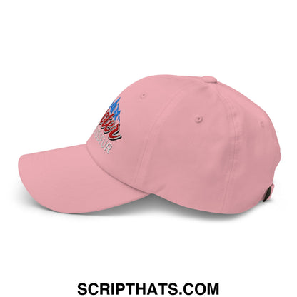 A soft pink unstructured dad hat with embroidered blue red and white mountain design and text called cooter connoisseur