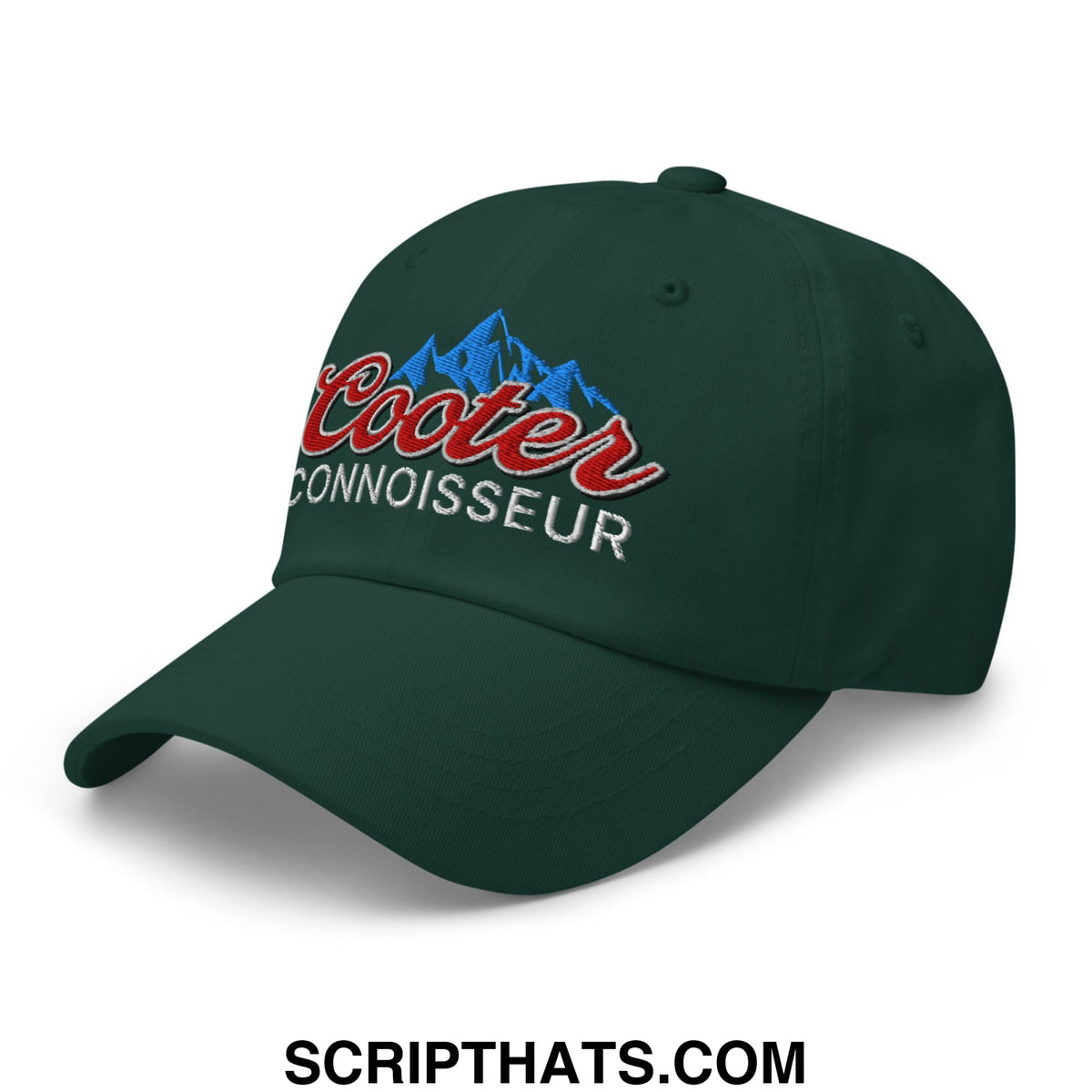 Dark green unstructured dad hat with embroidered cooter connoisseur logo in red script and blue mountain design