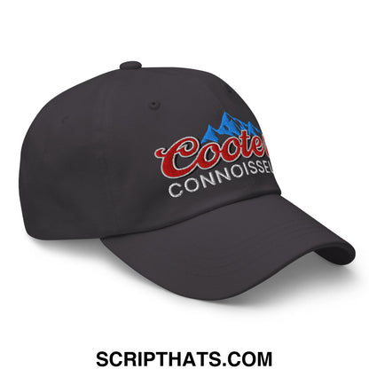 Dark gray Coors Connoisseur unstructured dad hat with embroidered red script and blue mountain logo