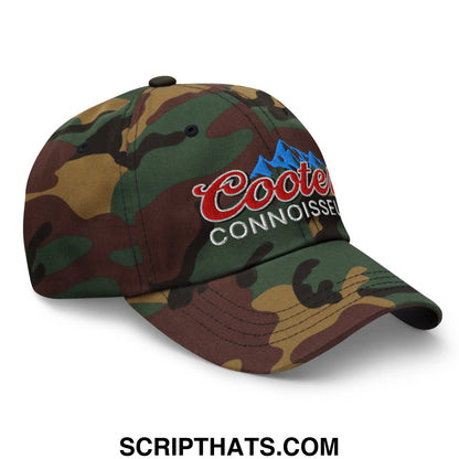 Camo baseball cap with embroidered coors connoisseur logo in red script and blue mountain graphic unstructured dad hat