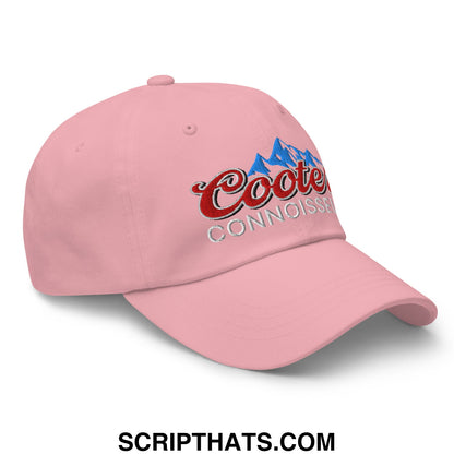 Pink coors light embroidered unstructured dad hat with red script blue mountains and silver connoisseur text logo