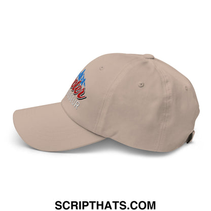 Beige unstructured dad hat with embroidered red and blue bier logo featuring mountain design for casual wear