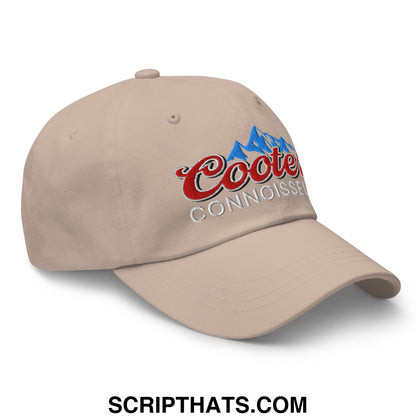 Beige coors light embroidered unstructured dad hat with red script logo and blue mountain graphic