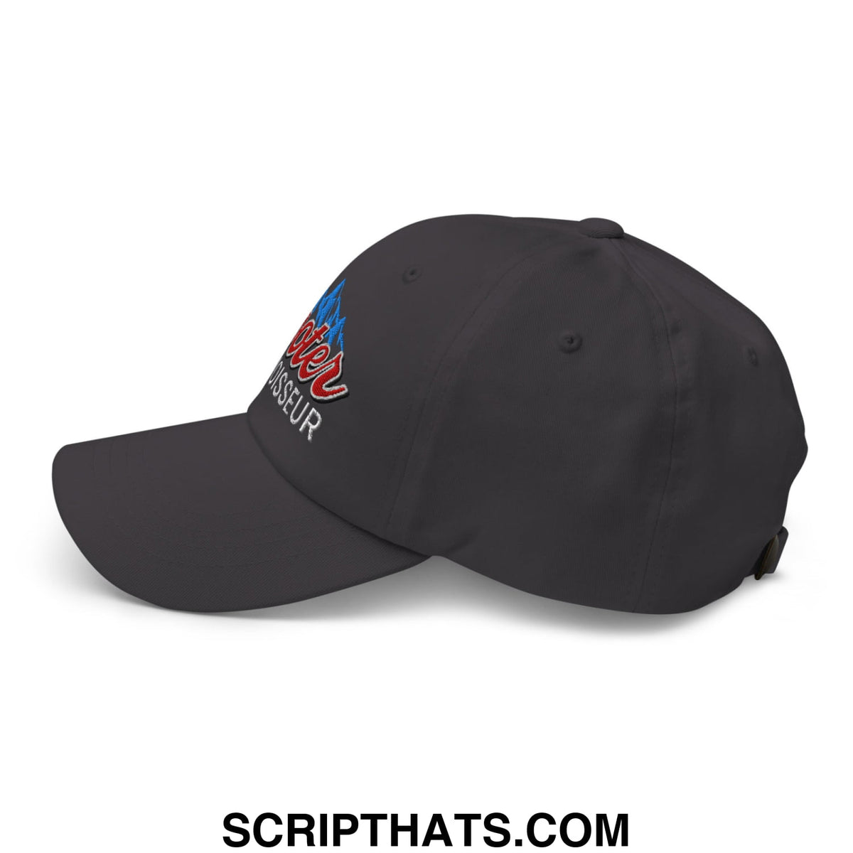 Black unstructured dad hat featuring embroidered red and blue mont blanc logo with stylized mountain design