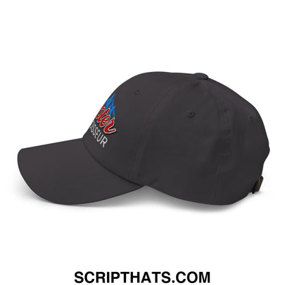 Black unstructured dad hat featuring embroidered red and blue mont blanc logo with stylized mountain design