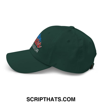 Dark green unstructured dad hat with embroidered red and blue mountain logo and vier cursive script above assseur text