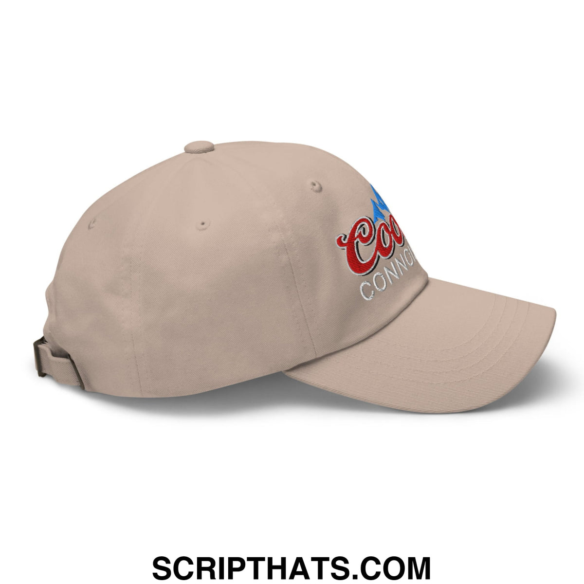 Beige coors light baseball cap with embroidered red and blue logo in cooter connoisseur embroidered unstructured dad hat style