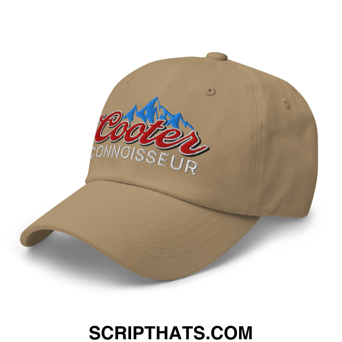 Beige coors connoisseur unstructured dad hat with embroidered red and blue logo front for casual wear