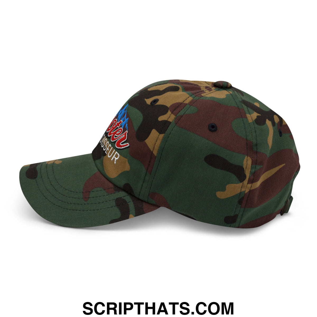 A camouflage cotton dad hat with an embroidered Cooter Connoisseur logo on the front for casual wear