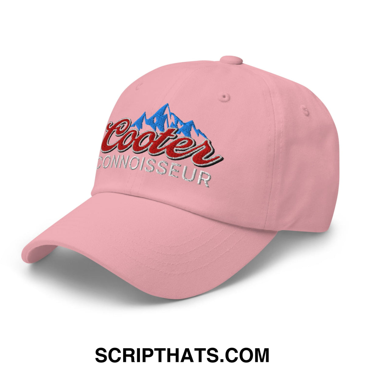 Pink coors light cooter connoisseur embroidered unstructured dad hat with blue mountains and red script logo