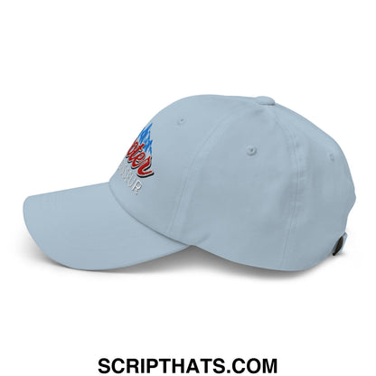 Light blue unstructured dad hat with embroidered red and white bier logo featuring a mountain design
