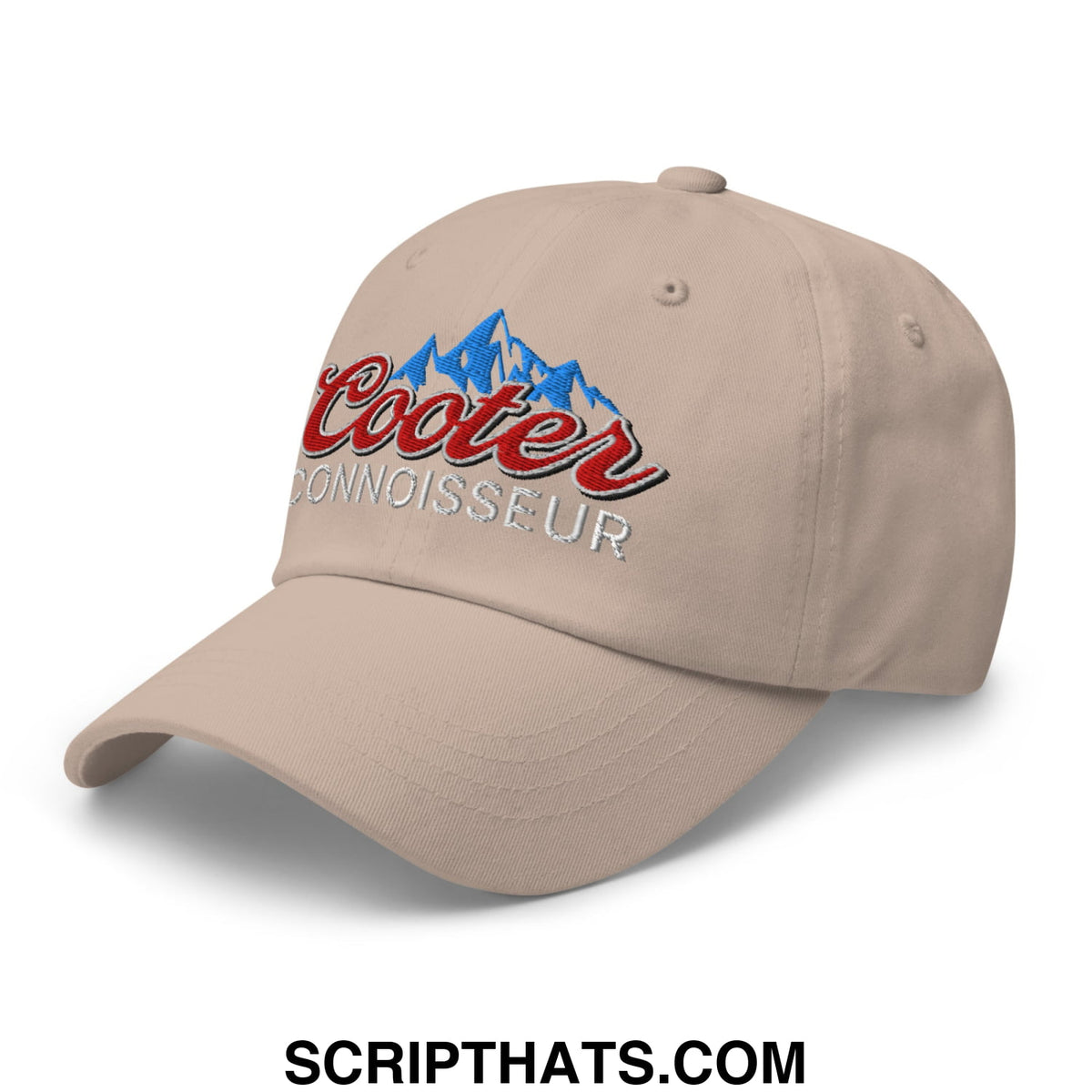 Beige coors light connoisseur embroidered unstructured dad hat with red and blue logo on the front panel