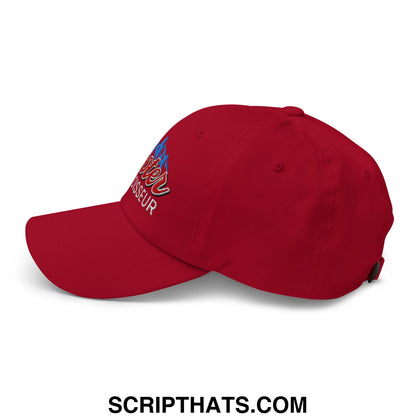 Red unstructured dad hat with embroidered cooter connoisseur logo in blue and gold lettering