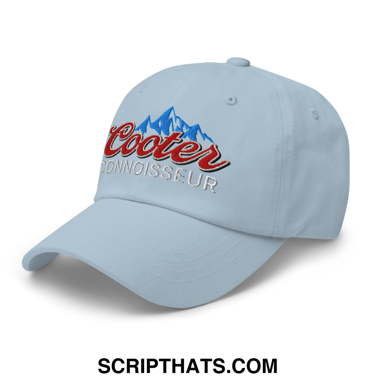 Light blue coors banquet embroidered unstructured dad hat with red and silver mountain peak logo
