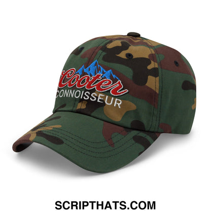 A camouflage unstructured dad hat with a red and blue embroidered cooter connoisseur logo on the front