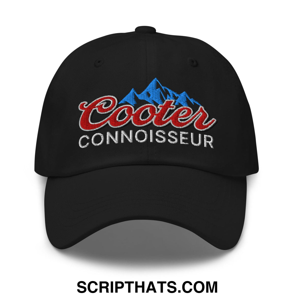 Black unstructured dad hat with embroidered cooter connoisseur logo in red script and blue mountain design