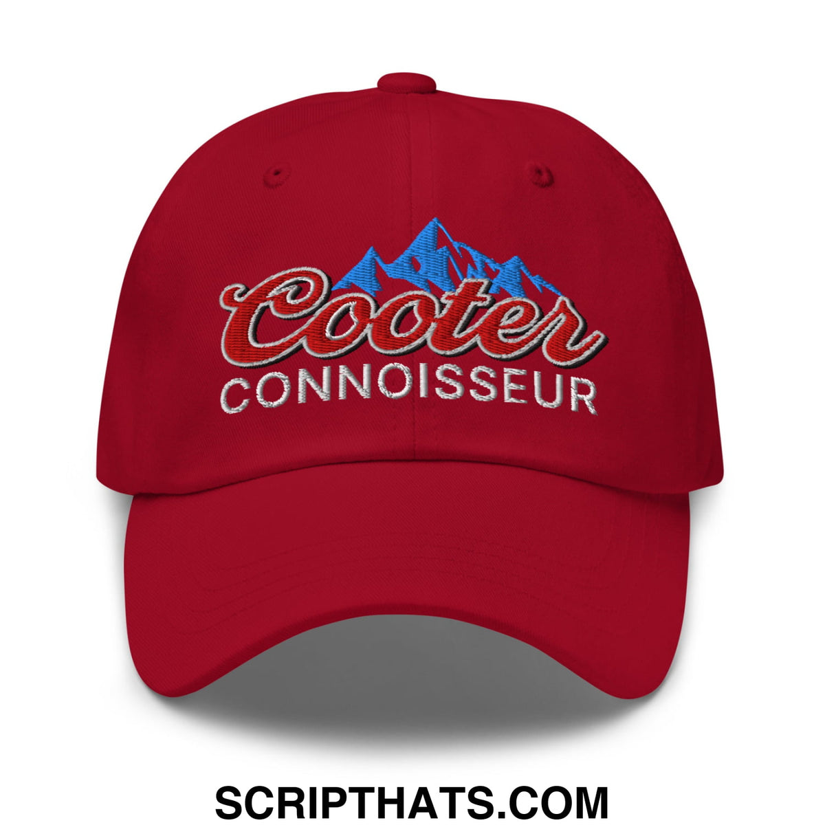 Red unstructured dad hat with embroidered cooter connoisseur logo featuring blue mountain design and red script lettering