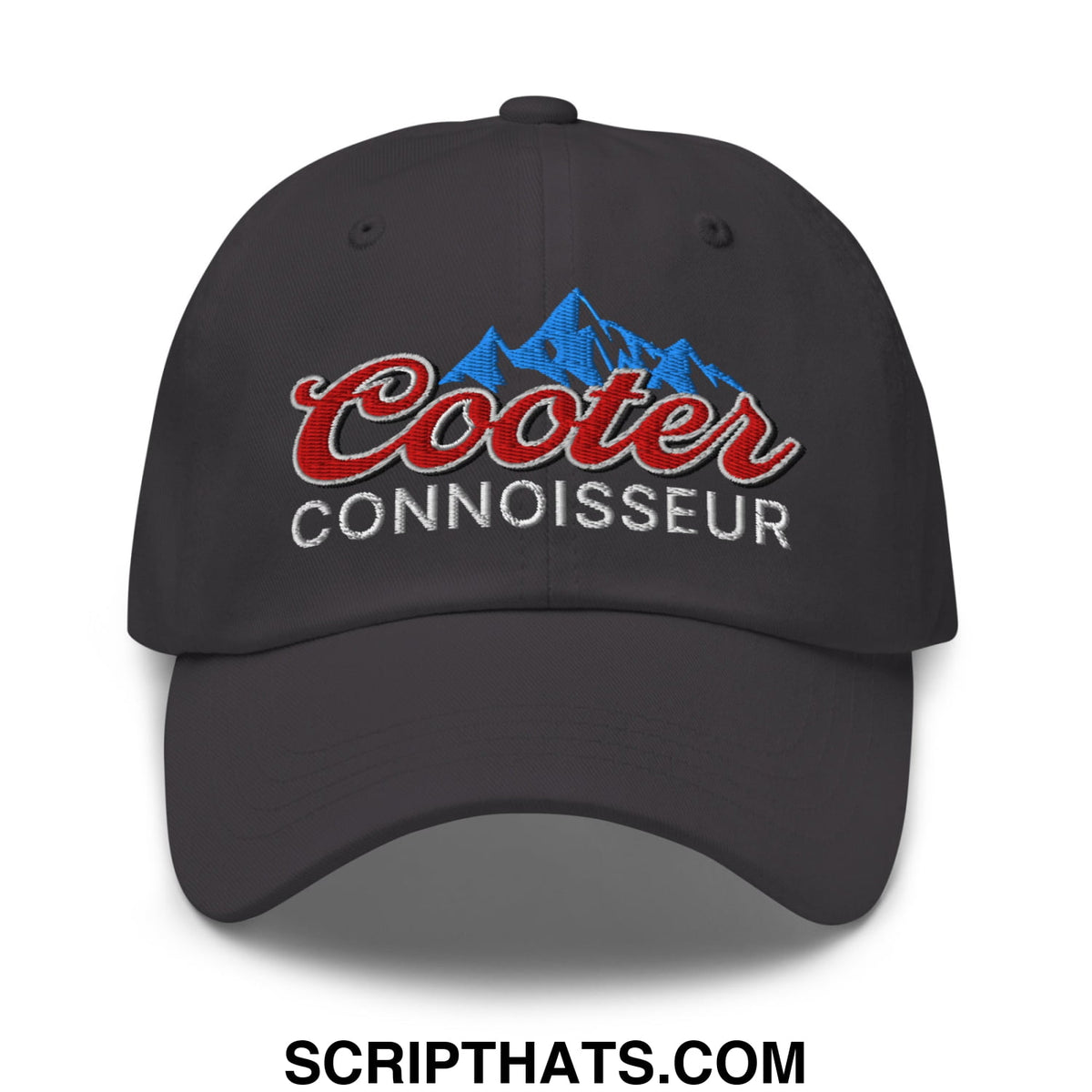 Dark gray unstructured dad hat with embroidered cooter connoisseur logo in red script and blue mountain design